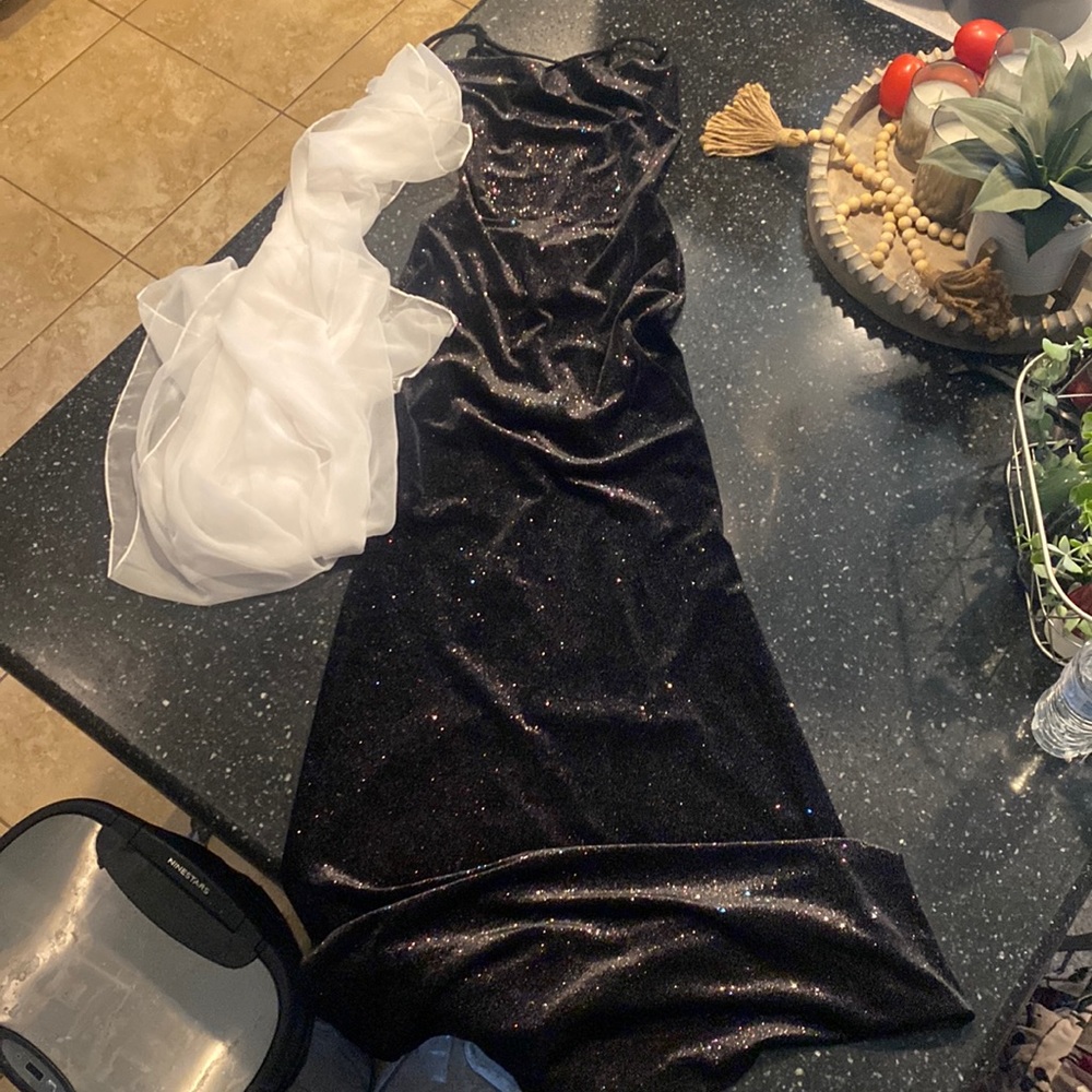 Long Backless Black Sparkly Prom Dress with white shawl